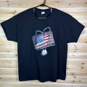 Hanes T-Shirt Mens XL Black Military Thank You American Flag with Dog Tags